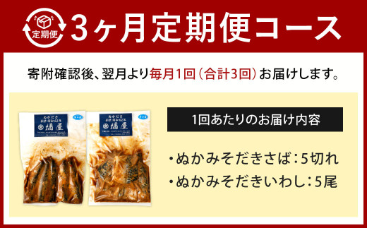 【定期便3ヶ月】【訳あり】ぬかみそだき さば（5切れ）いわし（5尾）セット