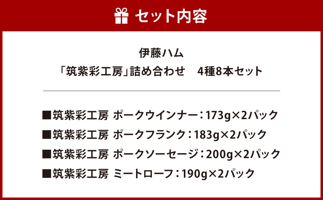 伊藤ハム 「筑紫彩工房」 詰め合わせ 4種 8本 セット (ポークウインナー/ポークフランク/ポークソーセージ/ミートローフ)