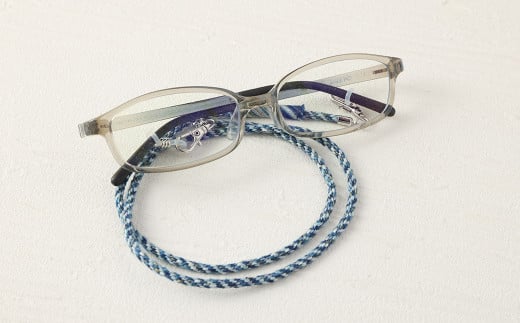 手織り 小倉織糸ー 便利な 2Way メガネ ＆ マスク ホルダー 全長約65cm 青系