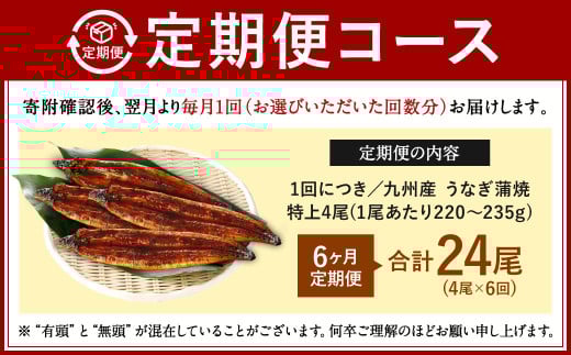【6ヶ月定期便】九州産 うなぎ 蒲焼 特上 4尾(1尾あたり220～235g)