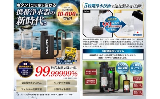SAKUTTO 電動式 携帯浄水器 防災グッズ 日本正規品 浄水器 災害対策 防災 アウトドア 福岡県 北九州市