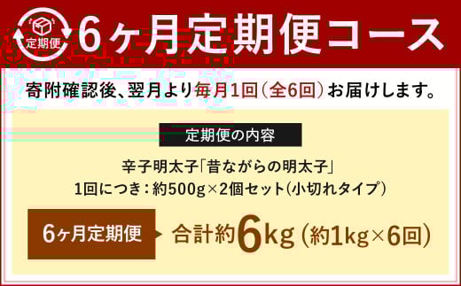 【6ヶ月定期便】 辛子明太子 「昔ながらの明太子」 （小切れタイプ） 約500g×2個セット 計6kg 切れ子 明太子 めんたいこ