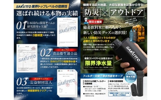 SAKUTTO 電動式 携帯浄水器 防災グッズ 日本正規品 浄水器 災害対策 防災 アウトドア 福岡県 北九州市
