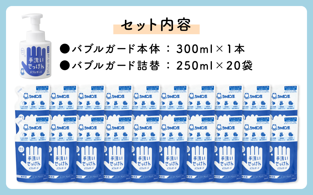 シャボン玉 手洗い せっけん セット （本体1本・詰替20袋） 無添加 石鹸 ハンドソープ 泡タイプ 詰め替え ポンプ 泡ハンドソープ 日用品