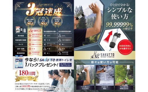 【10個口】 SAKUTTO 携帯浄水器 （アウトドア向けデザイン） 500個セット 日本正規品 登山用品 登山 浄水器 アウトドア キャンプ用品 サバイバル 防災グッズ 防災 災害対策 福岡県 北九州市
