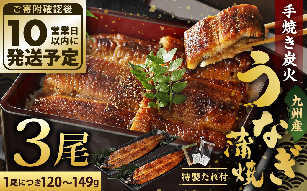 九州産 手焼き 炭火 うなぎ 蒲焼 3尾 計360g以上 (1尾あたり120～149g)