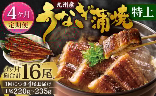 【4ヶ月定期便】九州産 うなぎ 蒲焼 特上 4尾 (1尾あたり220～235g) 合計16尾