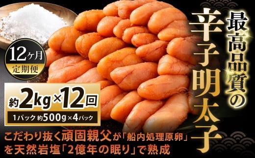 【12カ月定期便】 こだわり抜く頑固親父が「船内処理原卵」を天然岩塩「2億年の眠り」で熟成させた最高品質の辛子明太子 約2kg（約500g×4パック）×12回 計約24kg 辛子明太子 辛子めんたいこ 明太子