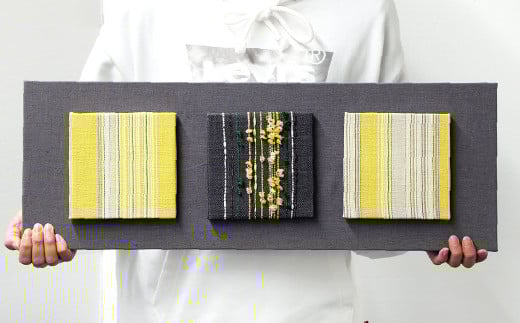 手紡ぎ 手織り 小倉織ー アートパネル 横幅約600mm 縦幅約260mm 高さ約60mm 黄系