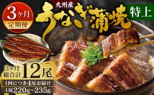 【3ヶ月定期便】九州産 うなぎ 蒲焼 特上 4尾(1尾あたり220～235g)
