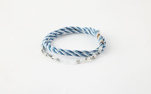 手織り 小倉織糸ー 便利な 2Way メガネ ＆ マスク ホルダー 全長約65cm 青系