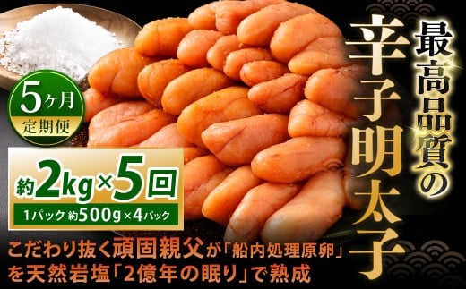 【5カ月定期便】 こだわり抜く頑固親父が「船内処理原卵」を天然岩塩「2億年の眠り」で熟成させた最高品質の辛子明太子 約2kg（約500g×4パック）×5回 計約10kg 辛子明太子 辛子めんたいこ 明太子
