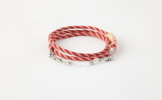 手織り 小倉織糸ー 便利な 2Way メガネ ＆ マスク ホルダー 全長約65cm 赤系