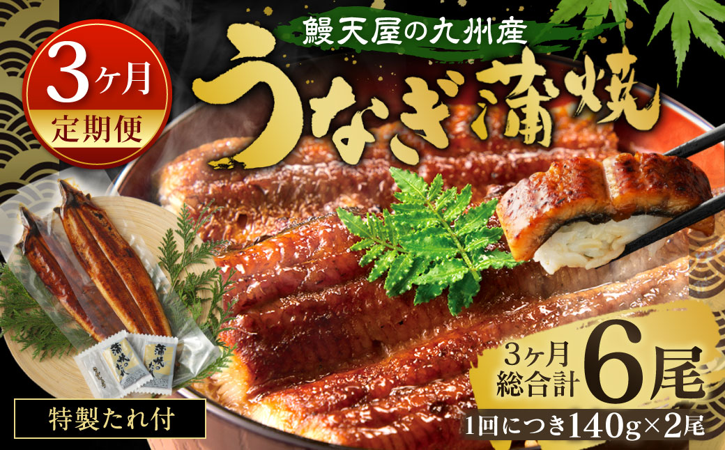 [3ヶ月定期便]鰻天屋の 九州産 うなぎ 蒲焼 約140g×2尾 セット