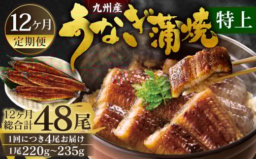 【12ヶ月定期便】九州産 うなぎ蒲焼 特上 4尾 (1尾あたり220～235g) 合計48尾