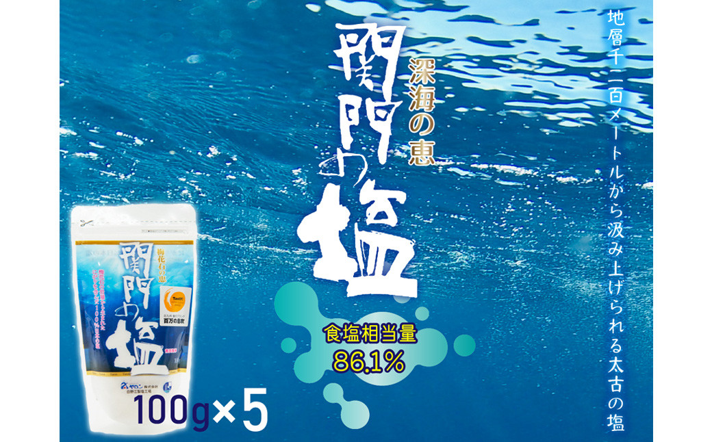 深海の恵み 関門の塩 合計500g (100g×5袋) ミネラル 塩 調味料 塩分濃度86.1% カルシウム マグネシウム カリウム しお 少量 小分け