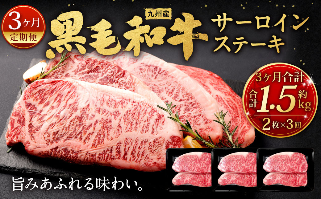 [3ヶ月定期便] 九州産 黒毛和牛 サーロインステーキ 合計約1.5kg (約250g×2枚×3回) 牛肉 国産 ステーキ サーロイン 牛肉 お肉 国産 日本産