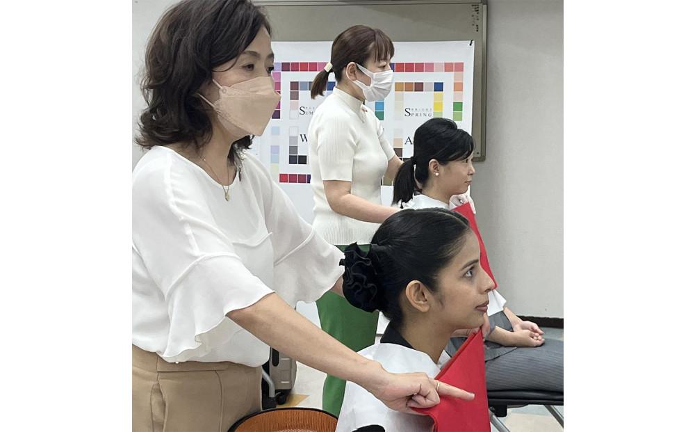 [貴方の魅力を引き立てるパーソナルカラー診断]と[福岡ならではの伝統美、博多織を使った楽しい着付け体験]2つを体験するスペシャルなプラン！(トータル約２時間３０分)