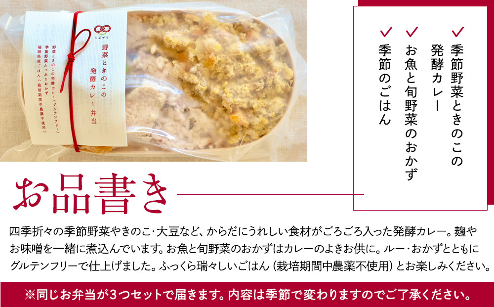 【冷凍】季節野菜ときのこの発酵カレー弁当3食セット　無添加　九州　福岡　国産食材　オーガニック