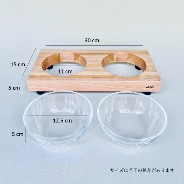 ペットフードテーブル　hole SS 2連（福岡市内製造）（ガラスボウル付き）
