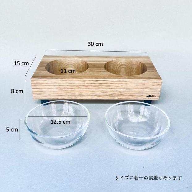 ペットフードテーブル　hole S 2連（福岡市内製造）（ガラスボウル付き）