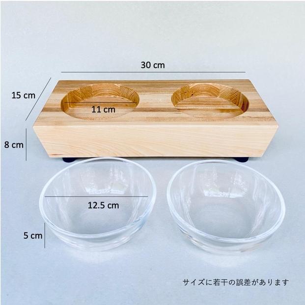 ペットフードテーブル　carving S 2連（福岡市内製造）（ガラスボウル付き）