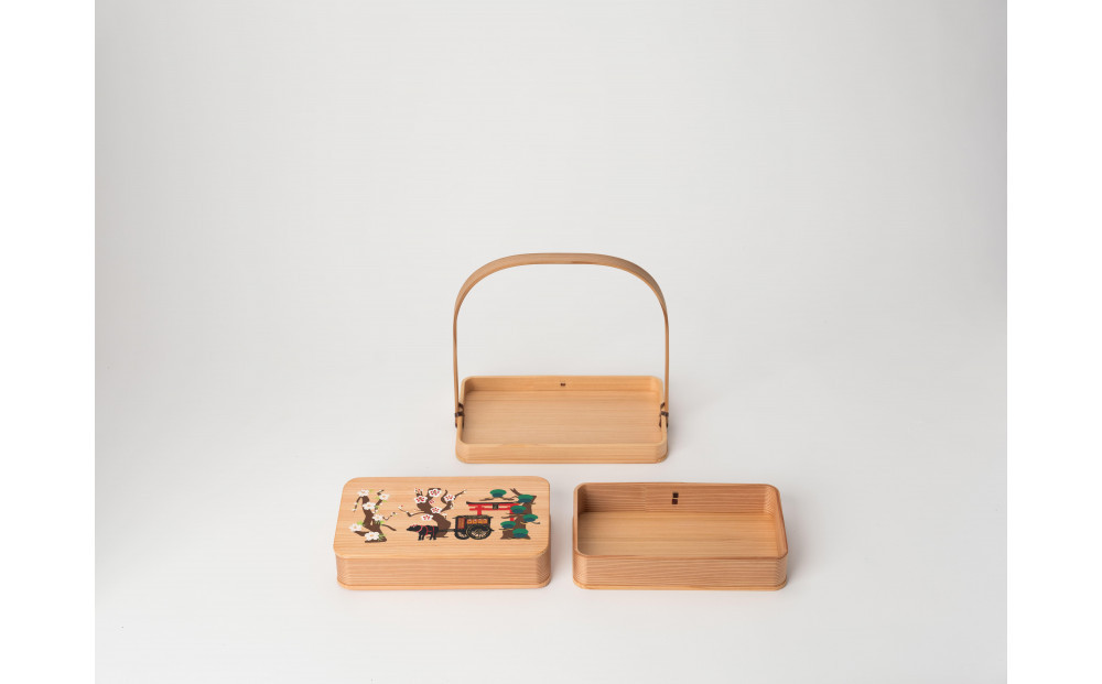 【福岡市の伝統産業支援施策「福岡伝統産業オープンイノベーション事業」で福岡の伝統工芸の魅力PR品として開発】博多曲物　2段重かご付 菅原伝授手習鑑