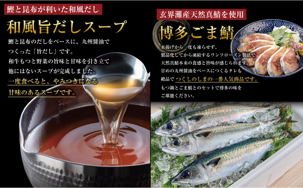 博多もつ鍋 （和風だし醤油味）＆ごま鯖 和牛モツたっぷり400ｇ 3～4人前、博多ごま鯖２P