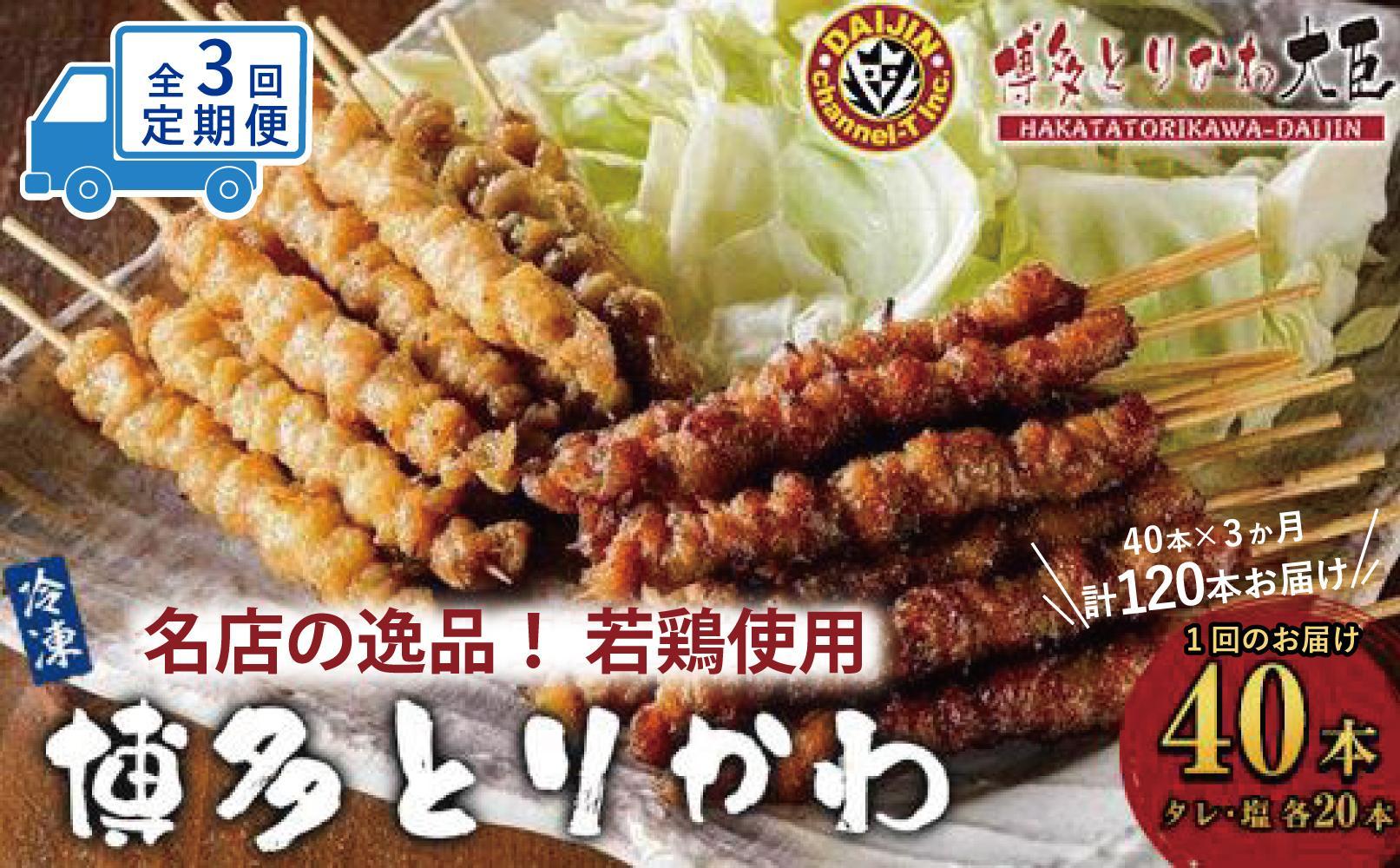 【定期便全3回】博多とりかわ大臣の「博多とりかわ(R)」（冷凍４０本入り）