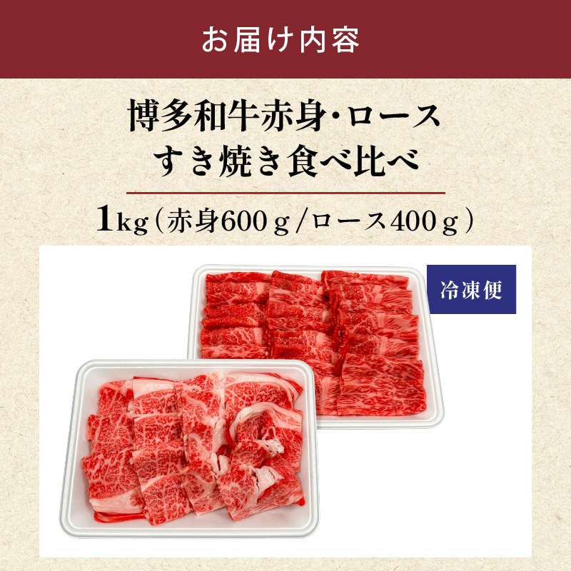 博多和牛赤身・ロースすき焼き食べ比べ　計1kg_博多和牛 赤身 ロース すき焼き 食べ比べ 計 1kg 黒毛和牛 国産 九州産 福岡県産 国産牛 ブランド牛 牛肉 和牛 肉 お肉 溢れる 旨味 凝縮 サシ 甘味 至福の時 赤身肉 ロース肉 冷凍 お取り寄せ グルメ 福岡県 久留米市 送料無料_Ab042 1回お届け
