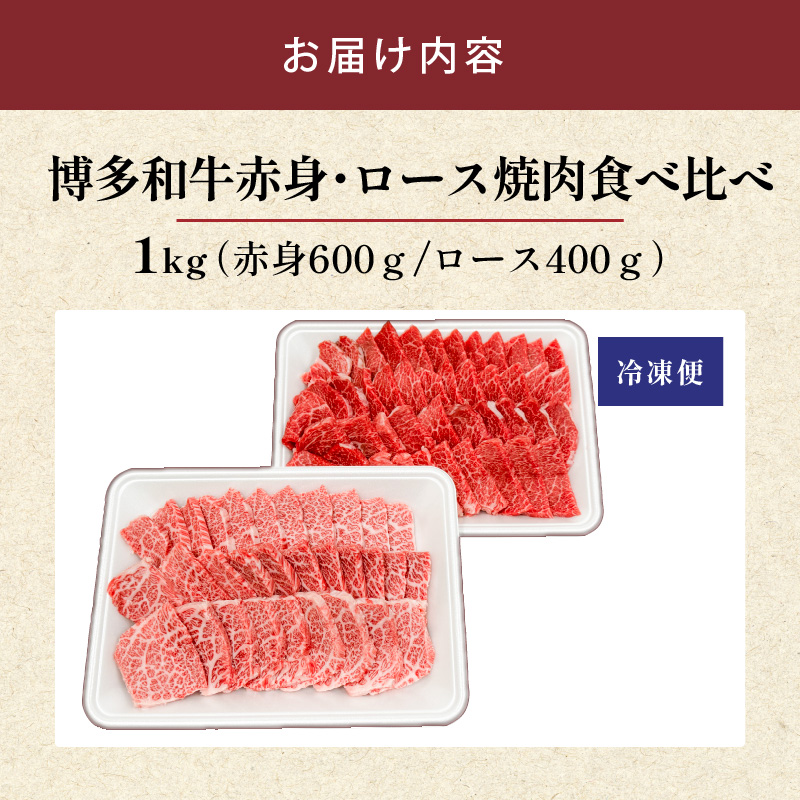 博多和牛赤身・ロース焼肉食べ比べ　計1kg_博多和牛 赤身 ロース 焼肉 食べ比べ 計 1kg 黒毛和牛 国産 九州産 福岡県産 国産牛 ブランド牛 牛肉 和牛 肉 お肉 溢れる 旨味 凝縮 サシ 甘味 至福の時 赤身肉 ロース肉 冷凍 バーベキュー お取り寄せ グルメ 福岡県 久留米市 送料無料_Ab043 1回お届け