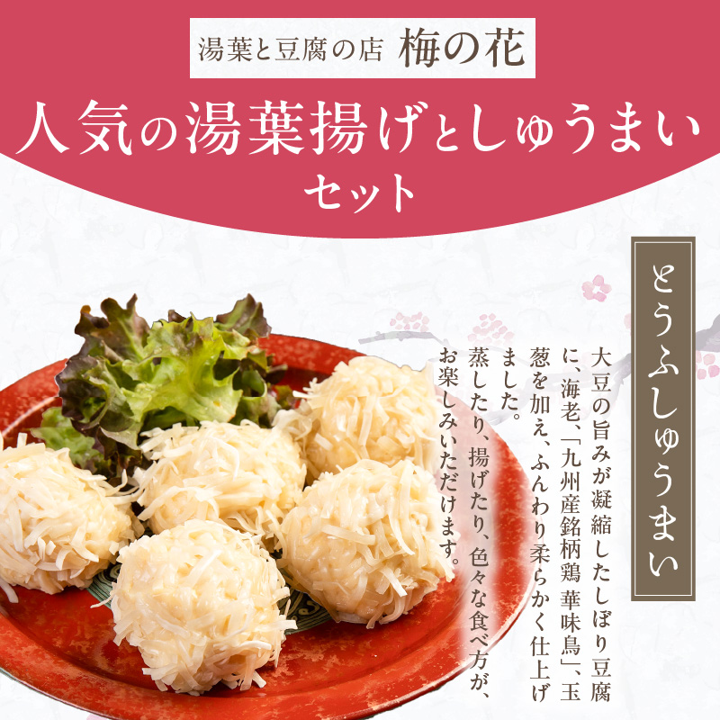 梅の花 とうふしゅうまいと湯葉揚げAセット_梅の花 とうふしゅうまい 湯葉揚げ セット 豆腐 シュウマイ とうふ屋がつくるふっくらシュウマイ 湯葉 揚げ ふっくらと練り上げた魚肉のすり身を生湯葉でやさしく包む 素揚げ バター焼き 煮物 惣菜 冷凍 冷凍保存 福岡 久留米市 お取り寄せ 送料無料_Cx229