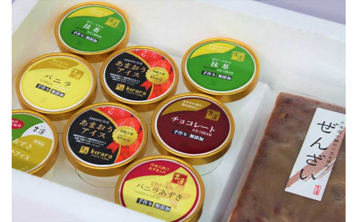 茶房【古蓮】 こだわりの無添加手作り アイスクリーム＆ぜんざいセット_アイスクリーム 8個 ぜんざい 3袋 セット あまおう 抹茶あずき チョコ バニラあずき バニラ 抹茶 手作り クリームぜんざい おすすめ アレンジ 素材 こだわり お菓子 アイス おやつ デザート 茶房 古蓮 冷凍 お取り寄せ 福岡県 久留米市 送料無料_Dw031