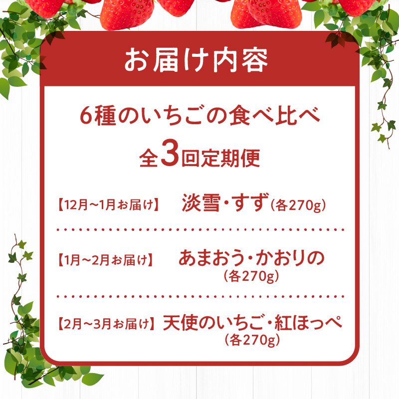 【定期便 3回】特別栽培 6種のいちごの食べ比べ 約540g×3回 _ 定期便 3回 特別栽培 6種 いちご 食べ比べ セット ふくおかエコ農産物 旬のいちご 新鮮 久留米市産 白いちご 淡雪 天使のいちご あまおう かおりの 紅ほっぺ すず 果物 おやつ デザート お取り寄せ フルーツ 福岡県 久留米市 送料無料 _Tk049