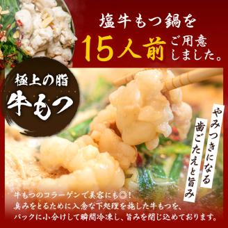 塩もつ鍋15人前セット_もつ鍋 15人前 セット 牛モツ 合計 1.5kg 塩もつ鍋 塩味 粗塩 濃縮スープ 薬味 ちゃんぽん麺 付き ちぢれ麺 濃厚 旨味 さっぱり 冷凍 牛肉 もつ ホルモン プリプリ コラーゲン 鍋 お取り寄せ お取り寄せグルメ 福岡県 久留米市 送料無料_Cn126