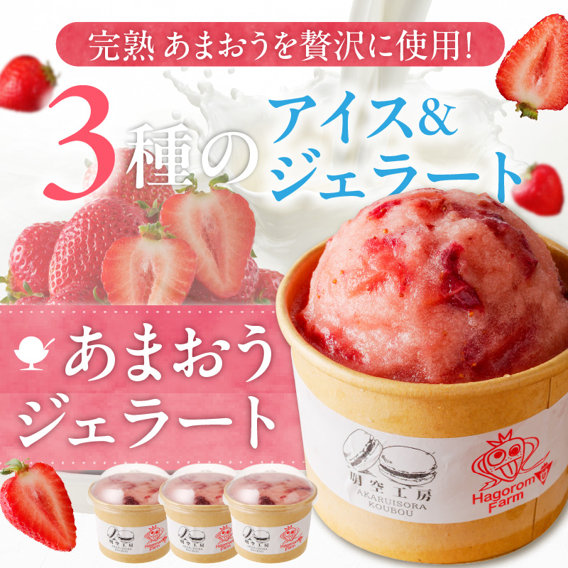 羽衣農園 完熟あまおうアイス・ジェラート6個セット_完熟あまおう アイス ジェラート 6個 セット 3種 カップ入り パウチタイプ あまおう ミルクアイス ヨーグルトアイス こだわり いちご 食べ比べ デザート スイーツ 洋菓子 冷菓 氷菓 冷凍 お取り寄せ グルメ 福岡県 久留米市 送料無料_Dw084