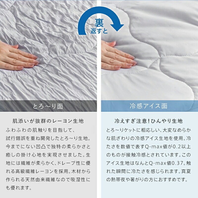 アイスとろーりケット　肌掛け布団　ダブル（アイボリー）_アイス とろーりケット 肌掛け 布団 ダブル 180 × 200cm カラー アイボリー キルトケット ひんやり 冷感 洗える 夏 熱帯夜 柔らか リバーシブル 掛け心地 レーヨン 吸湿 ポリエステル マイクロ 長繊維 清潔 送料無料_Qc170-iv アイボリー
