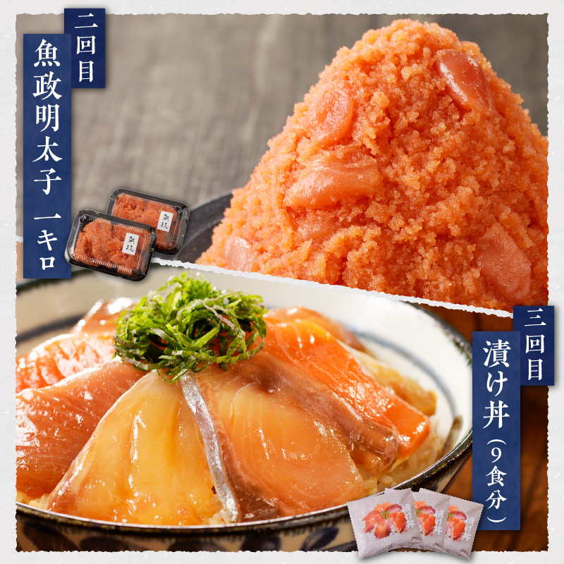 【定期便4回】魚が主役の食卓　魚政厳選　お魚定期便（①紅鮭塩焼き100g・真鯛味噌焼き100g・銀だらみりん焼き100g・金目鯛塩焼き100g・鯛のあらだき120g・カレイ煮付け120g・銀だら煮付け120g・銀むつ煮付け120g②魚政明太子1kg③漬け丼120g×9P④真鯛味噌焼き100g・金目鯛塩焼き100g・銀だらみりん焼き100g・紅鮭塩焼き100g・銀だら煮付け120g・カレイ煮付け120g・鯛のあらだき 2切240ｇ）_Tk017