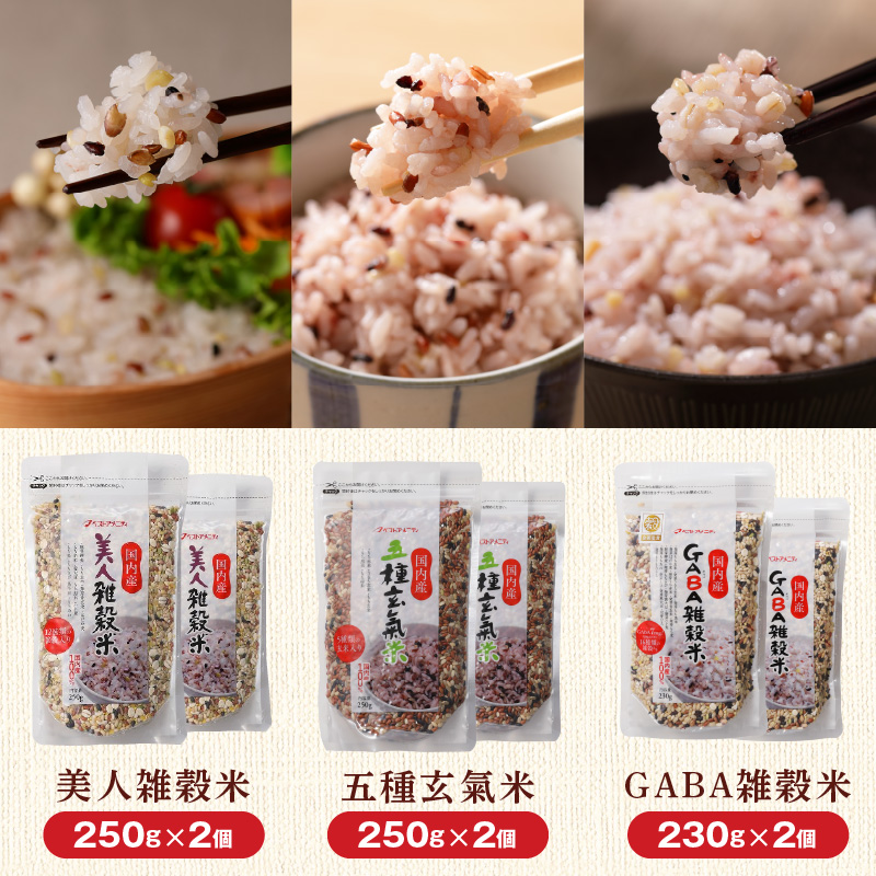 【隔月3回　定期便】国内産 雑穀米3種詰め合わせ （GABA雑穀米・美人雑穀米・五種玄氣雑穀米　各2個）_米 雑穀米 おいしい 3種 6パック 詰め合わせ セット 1460g 隔月 定期便 3回 国内産 体にやさしい 混ぜて炊くだけ 主食 おにぎり 冷めても美味しい お弁当 ブレンド 日本雑穀アワード 2年連続 金賞 GABA雑穀米 美人雑穀米 五種玄氣米 送料無料_Tk029 定期便：（2ヶ月に一度）×3回