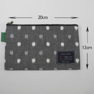 久留米絣 ぺたんこポーチ （グレー小白玉）_Jk025