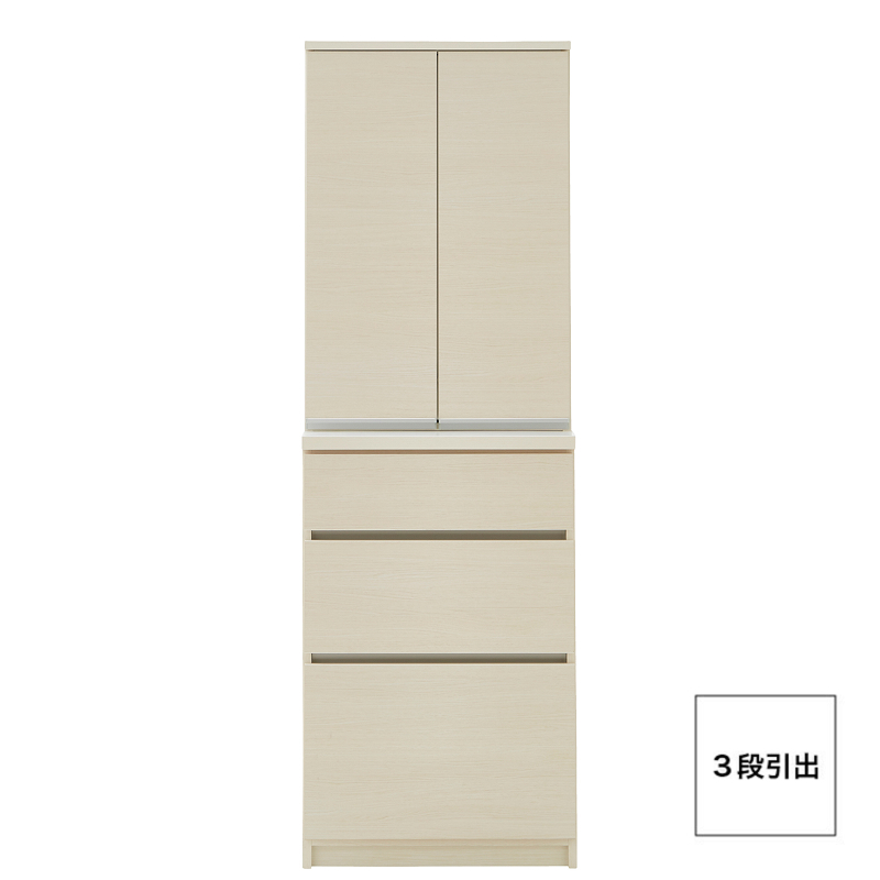 【開梱設置】キッチンボード カフェ60　60上台(DB)＋3段引出（ホワイト）_開梱設置 キッチンボード カフェ 60 大川家具 上台DB 下台 3段引出 ホワイト 両開き 棚 出し入れ 簡単 耐震ダボ 可動棚 扉 引出し 収納 キッチン 家具 国内製造 お取り寄せ 福岡県 久留米市 送料無料_Qd093-01 ホワイト 60上台(DB)＋3段引出