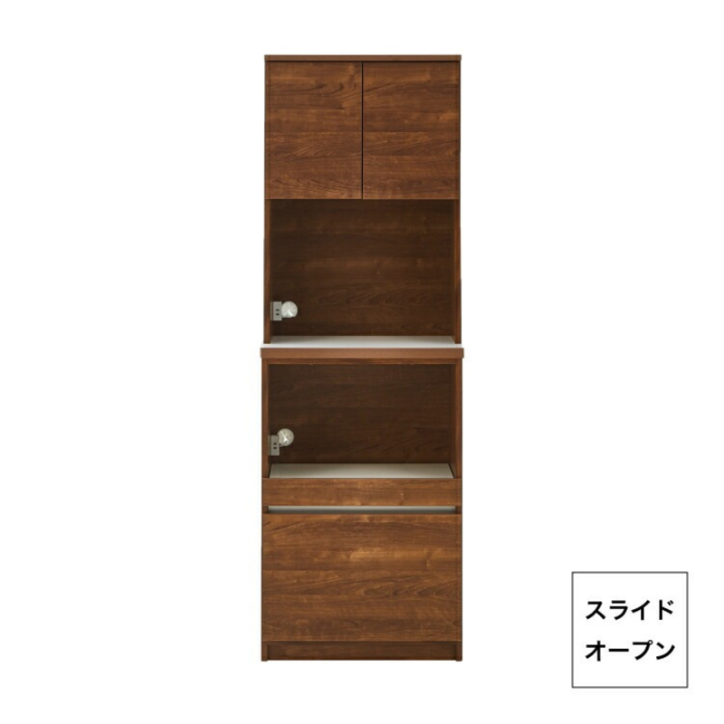 【開梱設置】キッチンボード カフェ60　60上台(OP)＋スライドオープン（ブラウン）_開梱設置 キッチンボード カフェ 60 大川家具 上台OP 下台 スライドオープン ブラウン 耐震ダボ 可動棚 扉 引出し 収納 コンセント付き キッチン 家具 国内製造 お取り寄せ 福岡県 久留米市_Qd094-05 ブラウン 60上台(OP)＋スライドオープン