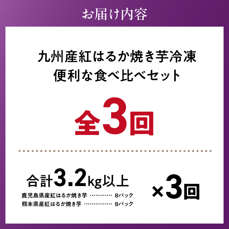 【個包装】九州産紅はるか焼き芋 便利な食べ比べセット合計3.2kg以上　3回定期便_個包装 九州産 紅はるか 焼き芋 便利 食べ比べ セット 合計 3.2kg 以上 回数 3回 鹿児島県 鹿屋産 フルーティー 甘さ しっとり 食感 熊本県 大津産 濃厚 ねっとり 糖度 45度以上 自然解凍 電子レンジ 半解凍 おやつ デザート_Tk047