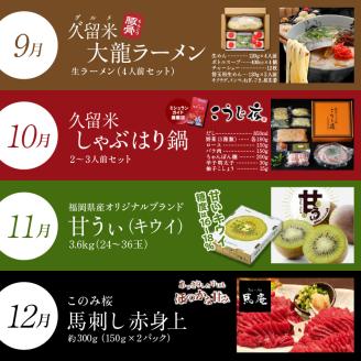 【定期便12回】久留米うまいもんづくし定期便_定期便 12回 うまいもんづくし 毎月お届け あまおう 苺 すきしゃぶ ハンバーグ スタミナソース ロース カルビ 焼肉のたれ 自家製焼魚 マンゴー うなぎ ラーメン 鍋 キウイ 馬刺し 赤身上 肉 魚 フルーツ スイーツ 食品 福岡 久留米市 お取り寄せ 送料無料_Tk009