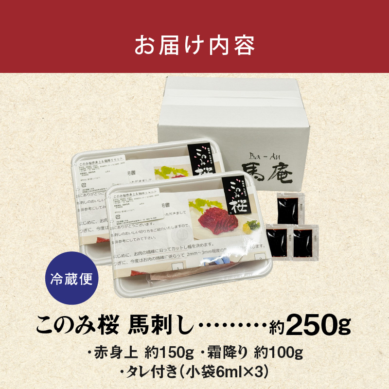 このみ桜 馬刺し 赤身上・霜降りセット_このみ桜 馬刺し 赤身上 約 150g 霜降り 約 100g 2種類 セット 食べ比べ オリジナルブランド 旨味 とろけるような食感 赤身 上質 冷蔵配送 馬庵このみ 馬肉 生肉 肉 おつまみ スライス 福岡県 久留米市 お取り寄せ 送料無料_Ah002 赤身上･霜降りセット約250g