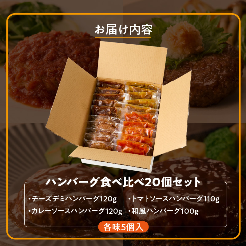 ハンバーグ食べ比べ20個セット_4種 20個 チーズデミ 和風 トマトソース カレーソース ハンバーグ 各5個 冷凍 温めるだけ 湯煎 レンジ 電子レンジ バラエティ 個包装 小分け 食べ比べ お弁当 簡単調理 お取り寄せ お取り寄せグルメ 福岡県 久留米市 送料無料_Ax405 通常発送