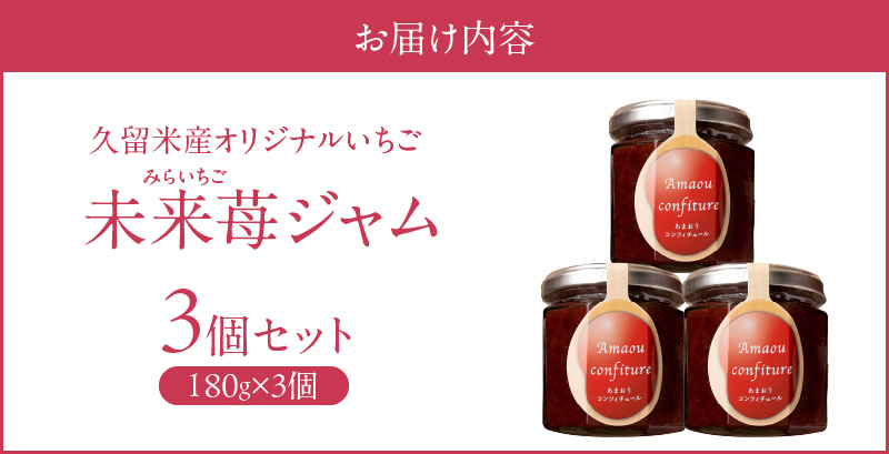 久留米産オリジナルいちご　未来苺（みらいちご）ジャムセット_久留米産 未来苺 みらいちご ジャム 180g × 3個 セット あまおう いちご 甘い オリジナル 上質 果物 フルーツ 朝食 ヨーグルト パン トースト 瓶 国産 南国フルーツ株式会社 お取り寄せ グルメ 福岡県 久留米市 送料無料_Ca007