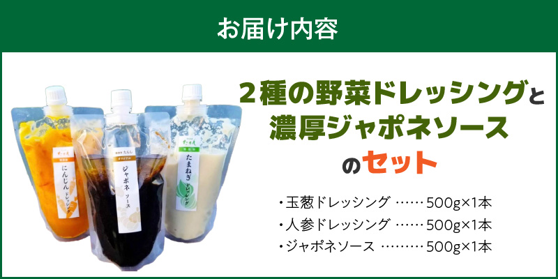 無添加ドレッシングと濃厚ジャポネソースのセット（500g）計3本_2種 野菜 ドレッシング ジャポネソース 各 500g 計 3本 セット 非加熱 生酵素 低オイル ヘルシー 人参 玉ねぎ 甘み 癖になる 美味しさ 玉ねぎドレッシング 人参ドレッシング フレッシュ 濃厚 洋食店の味 万能 ソース お取り寄せ 福岡県 久留米市 送料無料_Cd021-01