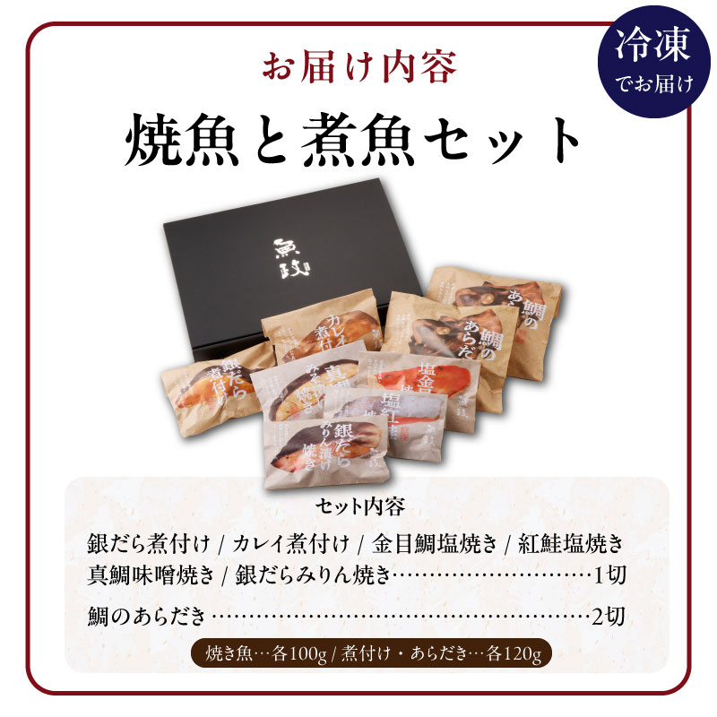 魚が主役の食卓 魚政 焼魚・煮魚セット（真鯛味噌焼き100g、金目鯛塩焼き100g、銀だらみりん焼き100g、紅鮭塩焼き100g、銀だら煮付け120g、カレイ煮付け120g、鯛のあらだき120g×2切）_Cs340