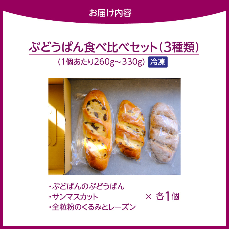 ぶどうぱん食べ比べセット（3本） _ ぶどうぱん 専門店 ぶどぱん 食べ比べ 3本 ぶどぱんのぶどうぱん サンマスカット 全粒粉のくるみとレーズン レーズンしっとり もっちり 食パン生地 トースト 冷凍保存 お取り寄せ 福岡県 久留米市 送料無料 _Cx242-03 食べ比べセット（3本）